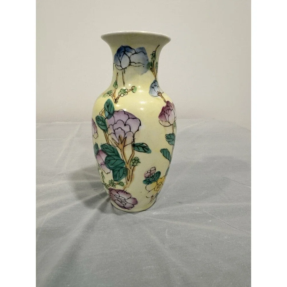 Vintage Hand Painted Floral Vase Yellow Ceramic Asian Style Small Vase